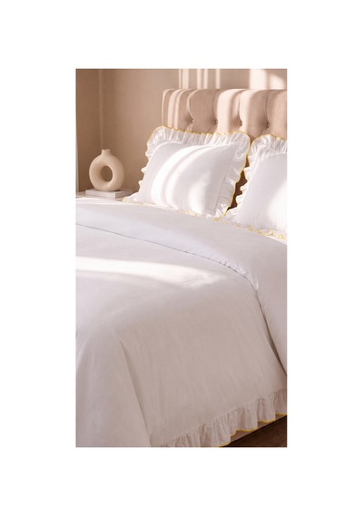 %100 Pamuk Overloklu Fırfırlı Çift Kişilik Nevresim Takımı Lastikli Çarşaflı 200x220 Cm Sarı - 904804703 Sarı