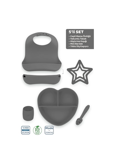 Silikon 5 Li Set Platinium Gri/ Mama Önlüğü, Mama Tabağı, Bandırma Kaşığı, Mini Bardak, Diş Kaşıyıcı Gri