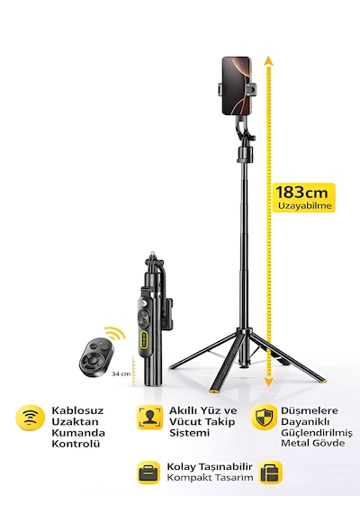 1500 Mah Led Işıklı 183 Cm Ai Takip Özellikli Gimbal Tripod Selfie Çubuğu Bluetooth Kumandalı
