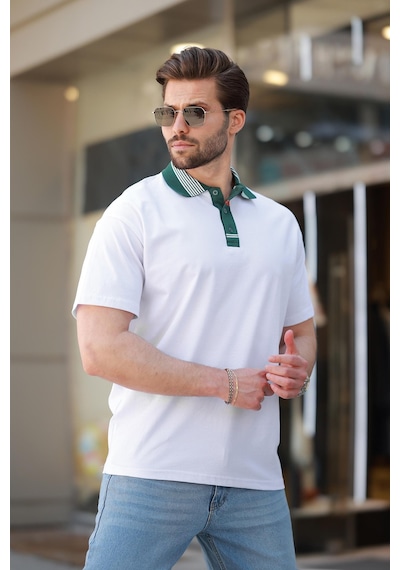 Madmext Beyaz Polo Yaka Erkek T-shirt E7147 Beyaz