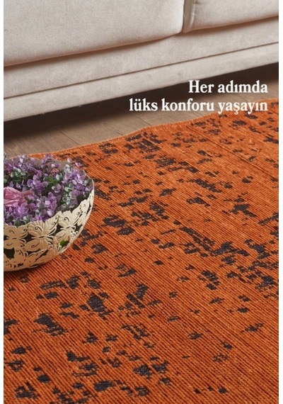 Bohem Tarz Geometrik Desenli Pamuk Taban Turuncu Renk Şönil Kilim