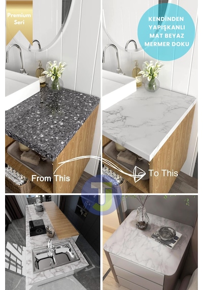 Technojet Kendinden Yapışkanlı Mat Mermer Desen Folyo Mutfak Banyo Tezgah Duvar Kaplama 60cmx100cm Beyaz