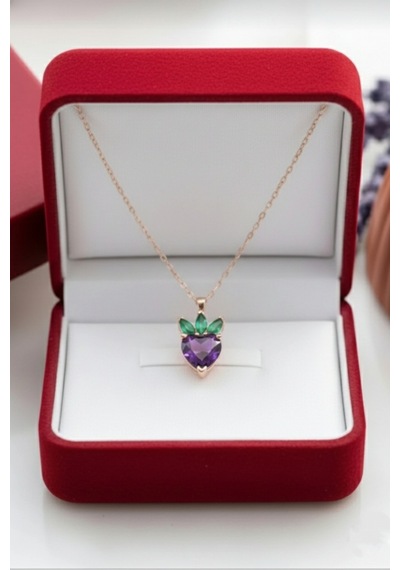 Çekirdekjewelry 925 Ayar Gümüş Kalplı Taşlı Çilek Kolye Mortaşli