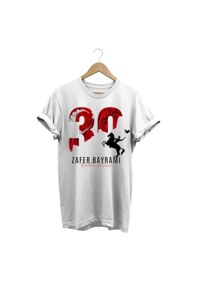 Atatürk 30 Ağustos Zafer Bayramı Bayrak Baskılı %100 Pamuk Regular Fit Beyaz T-shirt Beyaz