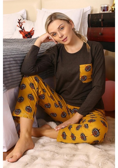 Akbeniz Kadın Uzun Kol Penye Pijama Takım 4192 - M Kahverengi