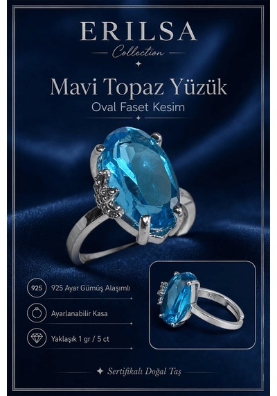 Sertifikalı Mavi Topaz Hürrem Model Oval Faset Kesim 5 Karat 925 Çok Renkli