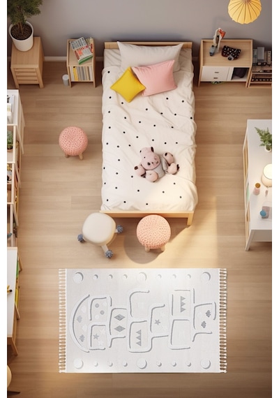 Sparkle Krem Gri Seksekli Çocuk Odası Bebek Odası Halısı 133x190 Gri