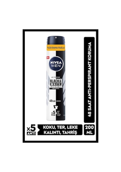 NIVEA Black & White Invisible 48 Saat Erkek Sprey Deodorant 200 ML