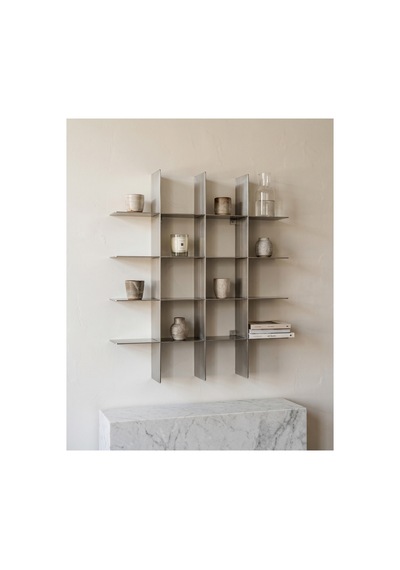 Dizör Grid Duvar Rafı 304 Paslanmaz Çelik, Fırçalı, 4 Katlı 16 Raf Panelli Duvar Rafı 80 X 95 Cm Gümüş