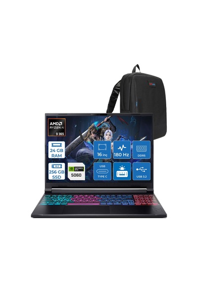 Acer Nitro 16S AI AN16S-61-R5E5 NH.QXUEY.001F01 Ryzen AI 9 365 24 GB 256 GB SSD RTX5060 16" Free Dos Dizüstü Bilgisayar + Çanta