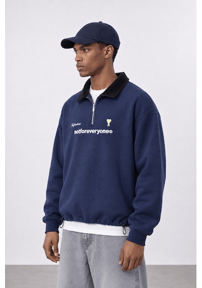 Respire Erkek Not For Everyone Nakışlı Polo Yaka Oversize Sweatshirt Lacivert