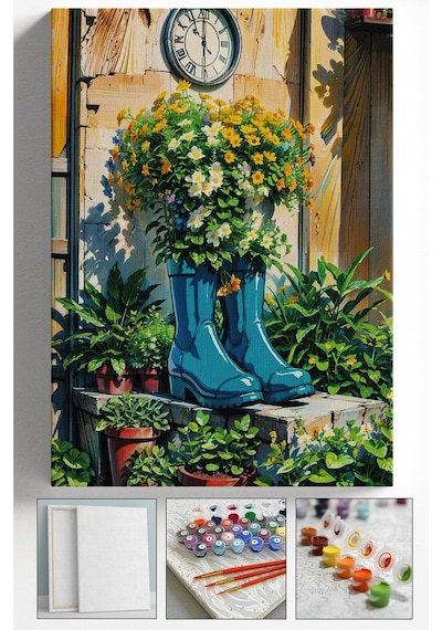 Sayılarla Boyama Çerçeveli Hobi Seti Numaralı Tuval Fırça Boya Dahil Kasnaklı Çiçek Bot 40x50 Cm