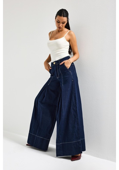 Itsbasic Kadın İndigo Renk 7s6-50 Süper Palazzo Fit Paça Detaylı Denim Jean