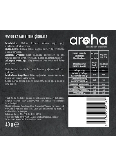 Aroha Şekersiz %100 Kakao Bitter Çikolata 40gr-3261
