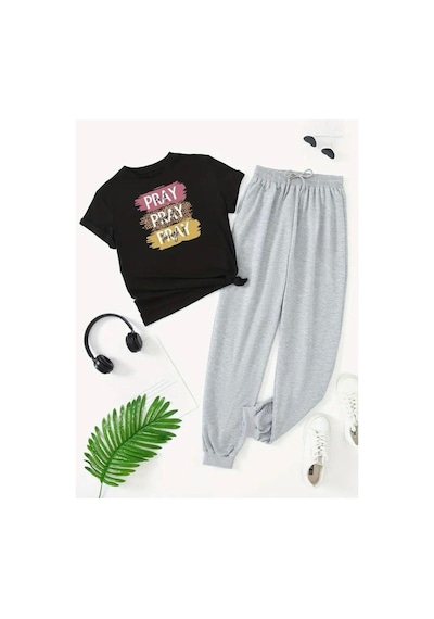 Medinenur Pray Yazı Baskılı T-shirt Eşofman Altı Jogger Rahat Kalıp Siyah Eşofman Takım Siyah