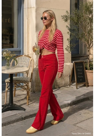 Kadın Kırmızı Flare Fit Velvet Kadife Kumaş Pantolon