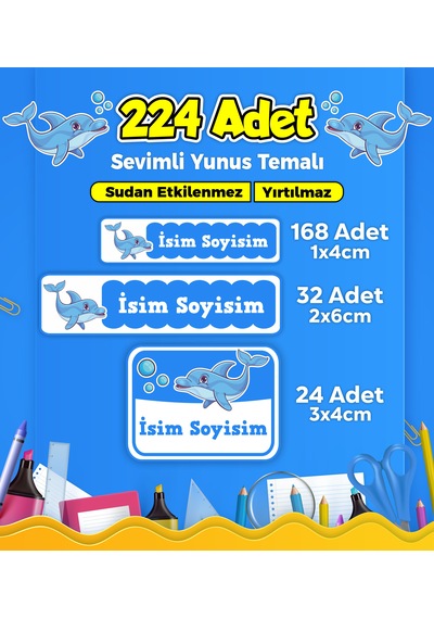 Sevimli Yunus Temalı Okul Kreş Kişiye Özel İsim Etiket Seti - Model 82 Çok Renkli