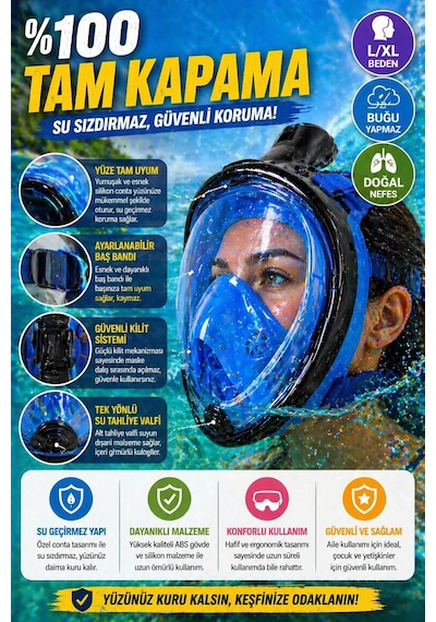 Mavi Siyah Full Face Şnorkel Maske L Xl Tam Yüz Dalış Maskesi Sarı Geniş Görüş Anti Fog Deniz Maske