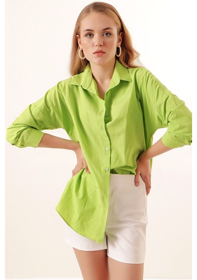 Hiccup Bdart Oversize Uzun Kollu Poplin Gömlek Limon Yeşili
