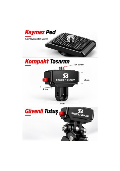 Acqr-01 Aksiyon Kamera Adaptörü 1/4 İnç Vidalı, Çatal Bağlantılı, Hızlı Tak Çıkar Siyah