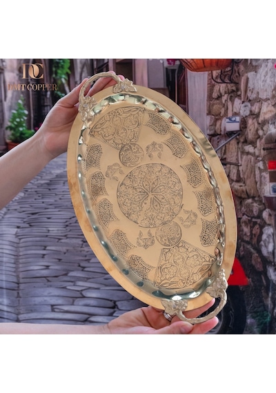 Dmt Gaziantep Bakır 34,5 Cm Osmanlı El İşi Sunum Tepsi Kına Tepsisi 34.5cmx21.5cm Gold