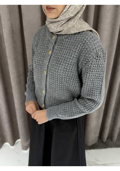 Merve Gültekin Nopeli Triko Hırka - Füme Çok Renkli