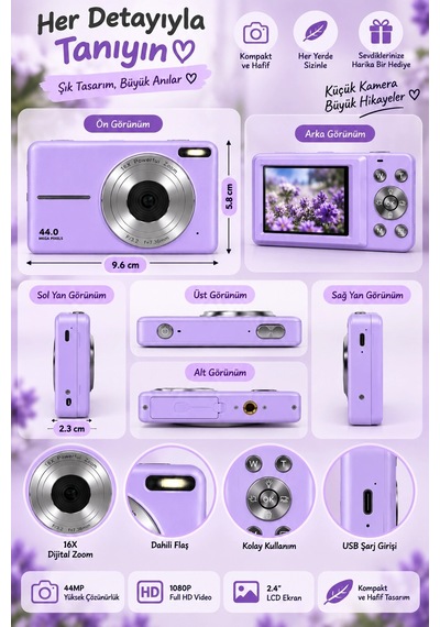 4k Figürlü Çantalı Dijital Video Kamera 44mp 16x Zoom Işıklı Kart Dijital Fotoğraf Makinesi 64gb Hafıza Kart Hediyeli Mor