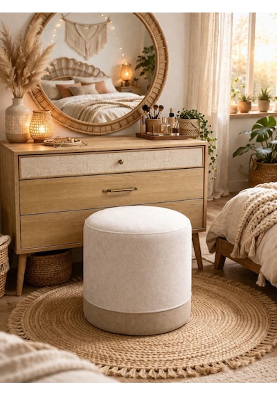 Crearthome Dekoratif Bohem Puf Tabure Makyaj Masası Pufu Bench Krem