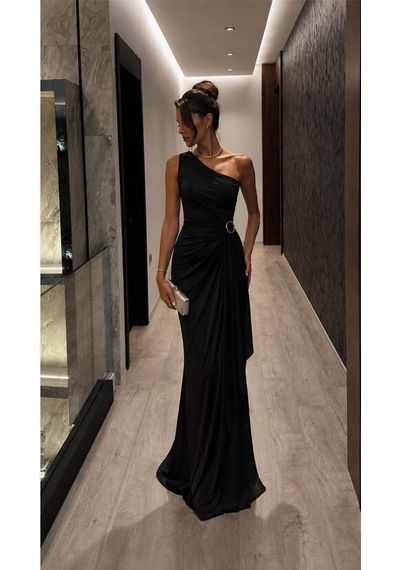 Lior Design Kadın Sade Tek Omuz Kemerli Maxi Abiye Elbise Siyah