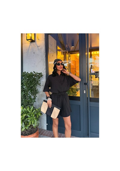 Nido Moda Kadın Cepli Oversize Gömlek Ve Beli Bağcıklı Şort İkili Takım Siyah