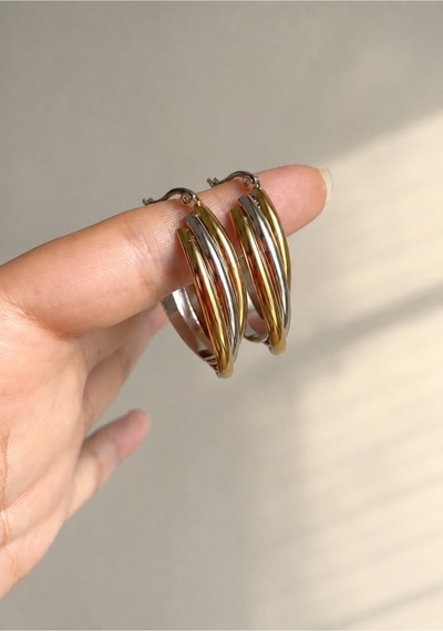 Çelik Gold & Silver Çift Renk Oval Damla Model Mia Küpe 3cm -kararma Yapmaz- Altın