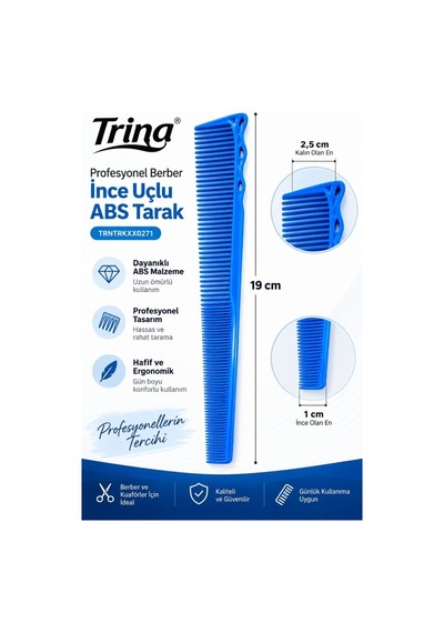 Trina Profesyonel Berber İnce Uçlu Abs Tarak Mavi Trntrkxx0271