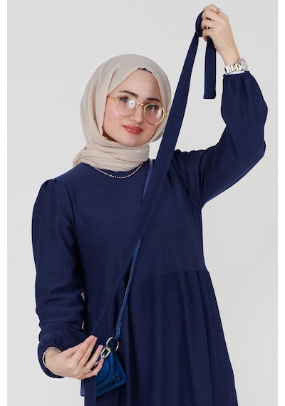 Sevitli Şura Fitilli Tesettür Elbise-saks Mavi-3297-saks Mavi Saks