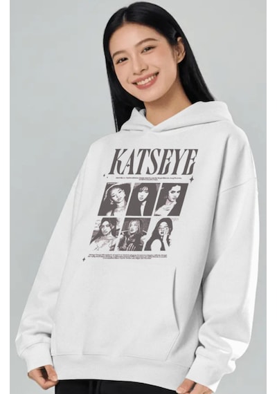 Sevbano Katseye K-pop Müzik Grubu Ön Baskılı Unisex Oversize Premium Hood beyaz