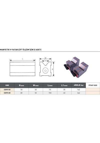 Fett 80x50x100x60 Pld Manyetik V-yatak Çift Ölçüm İçin 2li