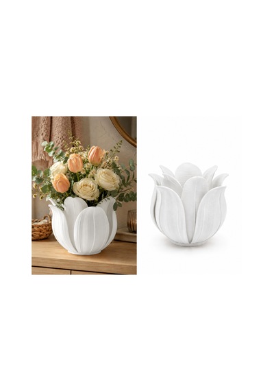 3d Baskı Lotus Yapraklı Vazo - Dekoratif Çiçeklik-beyaz Diğer