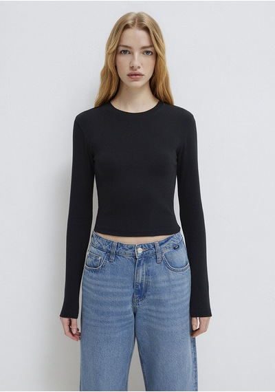 Mavi - Uzun Kollu Siyah Crop Basic Tişört 1612822-900
