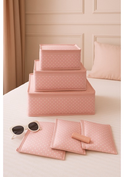 Serstil 6 Parça Bebek Bakım Çanta Seti Filesiz Pembe Puantiyeli Organizer Pembe Puantiye