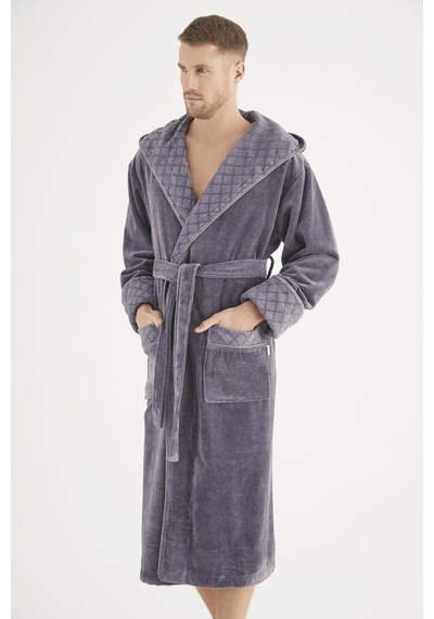Yaka Jakarlı %100 Cotton Erkek Bornozu Gri