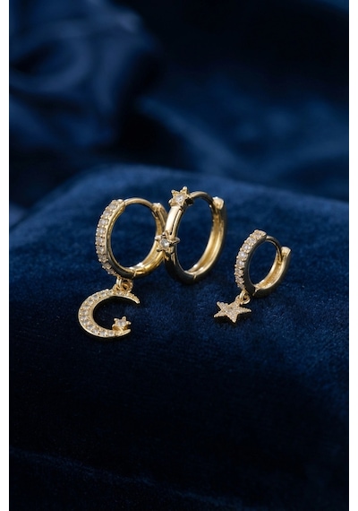 Mey İthalat 3 Lü Ay Ve Yıldız Model Gold Renk Set Küpe Çok Renkli