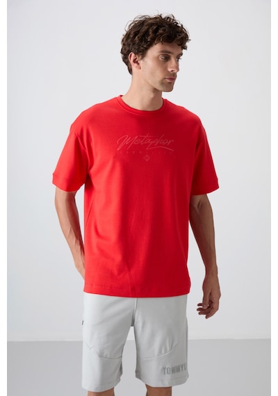 Tommy Life Fiesta Pamuklu Kalın Yumuşak Dokulu Oversize Fit Baskılı Erkek T-shirt - 88320 Kirmizi