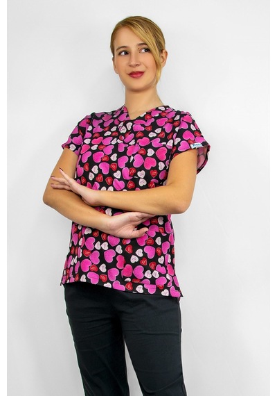 Unisex Pembe Kalpler Desenli Cerrahi Doktor Hemşire Scrubs Tek Üst Forma Pembe Pembe
