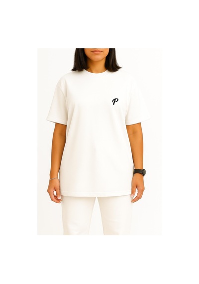 Bahriyeli Collection Oversize P Harfi Cep Baskılı Unisex T-shirt Beyaz