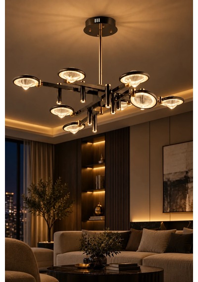 Modern Premıum Gold Siyah Led Avize 8 Kollu Luxury Salon Yemek Odası Avizesi 60w