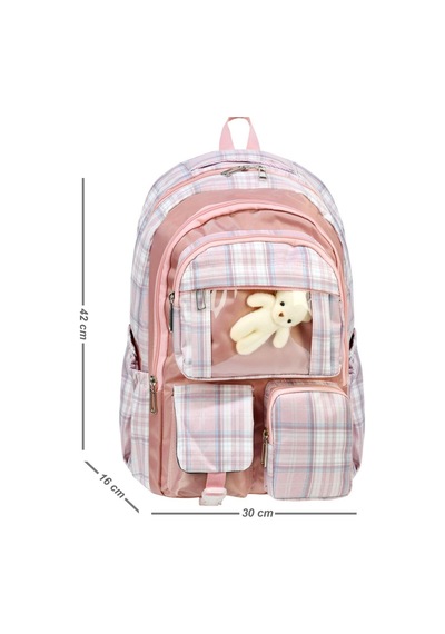 Ekose Peluş Ayıcıklı Şeffaf Cepli Okul Çantası Pembe