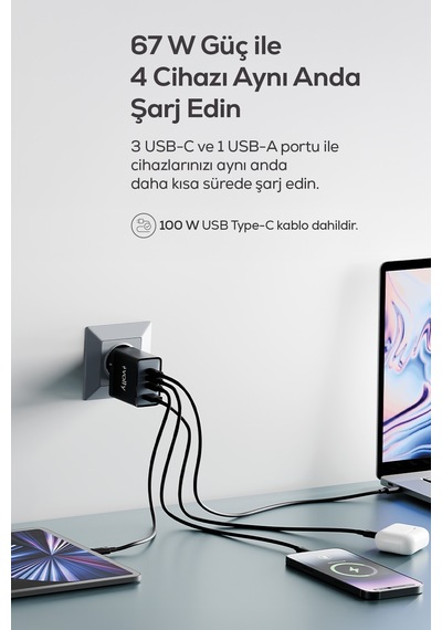 Hızlı Şarj Adaptörü 67w Gan + Type-c Kablo 100w Pd 4 Port, İphone & Samsung Uyumlu V0102013