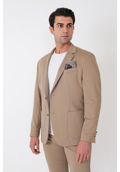 Comfort Fit Çift Yırtmaç Torba Cep Metal Düğmeli Koyu Bej Blazer Ceket C 734