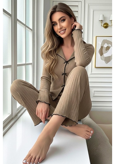 Bella Notte Bej Fiyonk Detaylı Uzun Kollu Pijama Takımı