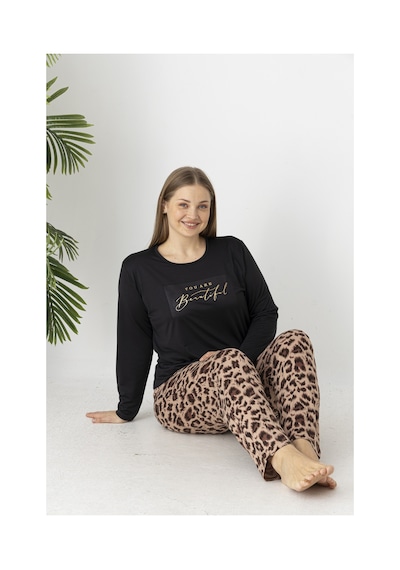 Estiva Kadın Kaplan Alt Desenli Soft Uzun Kollu Battal Pijama Takımı Çok renkli