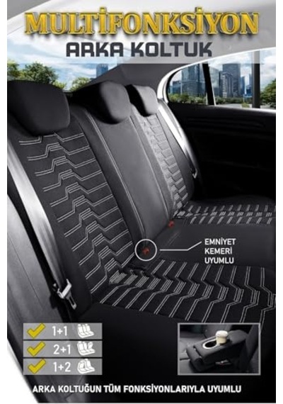 Renault Kangoo Multix İle Uyumlu 2+1 Parçalı Lüx Deri Detaylı Oto Koltuk Kılıfı Ön Arka Takım Platınum Siyah B